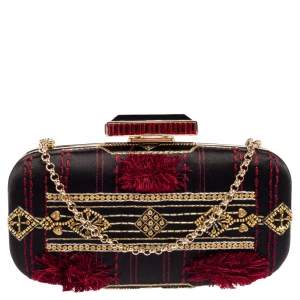 Oscar de la Renta Black Satin Sequin Embellished Chain Clutch