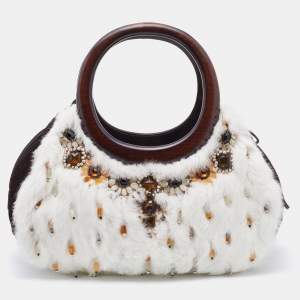 Pre Owned Oscar de la Renta White/Brown Fur And Suede Embellished Satchel