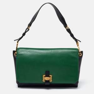 Pre Owned Oscar de la Renta Green/Black Leather Flap Shoulder Bag
