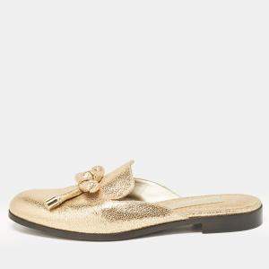 Oscar de la Renta Gold Crinkled Leather Bow Flat Mules Size 38