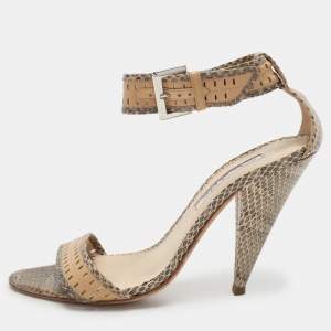 Oscar de la Renta Beige/Brown Snakeskin Ankle Strap Sandals Size 37.5