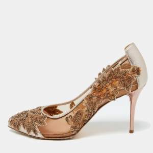 Pre Owned Oscar de la Renta Beige Leather and Mesh Embellished Alyssa Pumps Size 37.5