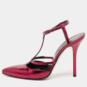 Oscar de la Renta Red Leather Pointed Toe Ankle Strap Pumps Size 38