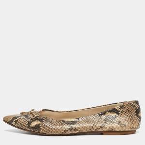 Pre Owned Oscar de la Renta Brown Python Embossed Leather Bow Ballet Flats Size 39