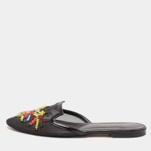 Oscar de la Renta Black Mesh And Patent Leather Embellished Flat Mules Size 41
