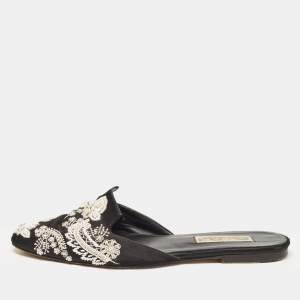 Oscar de la Renta Black Satin Embellished Flat Mule Size 39