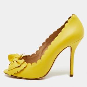 Pre Owned Oscar de la Renta Yellow Leather Scalloped Bow Detail Peep Toe Pumps Size 40.5