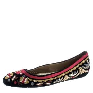 Pre Owned Oscar de la Renta Multicolor Suede And Lace Sequin Embellished Ballet Flats Size 36