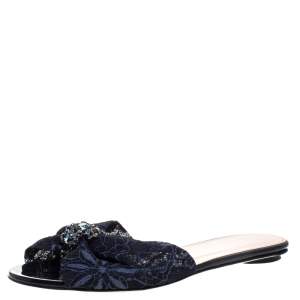 Pre Owned Oscar de la Renta Blue Lace Mia Crystal Embellished Flat Slides Size 36