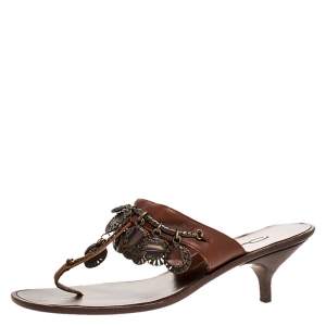 Oscar de la Renta Brown Leather Charm Embellished Kitten Heel Sandals Size 37.5