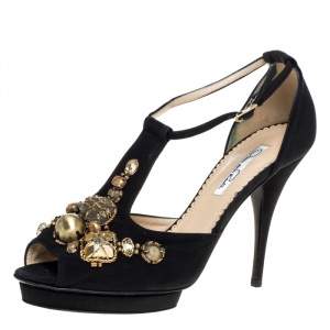 Oscar de la Renta Black Fabric Embellished Platform Ankle Strap Sandals 39.5