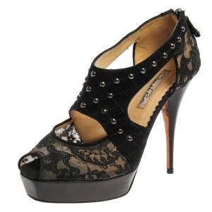 Oscar de la Renta Black Lace And Suede Platform Studded Peep Toe Zipper Sandals Size 38
