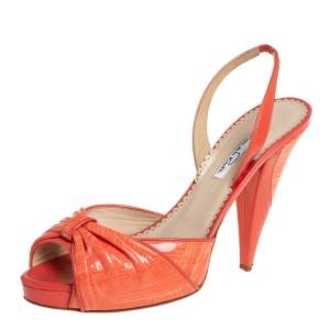 Pre Owned Oscar de la Renta Orange Patent Leather Slingback Sandals Size 39 