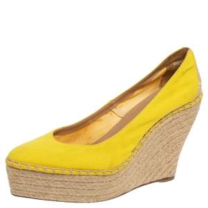 Oscar de la Renta Yellow Canvas Espadrille Wedge Pumps Size 39