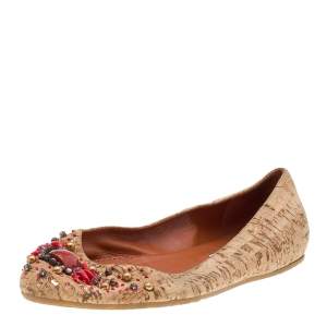 Oscar de la Renta Beige Leather Embellished  Flats Size 37.5