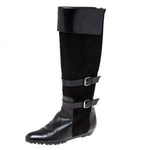 مملوكة مسبقًا Oscar de la Renta Black Leather And Canvas Knee Length Boots Size 36.5