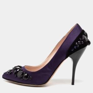 Pre Owned Oscar de la Renta Purple/Black Satin And Suede Crystal Embellished Pointed Toe Pumps Size 37.5