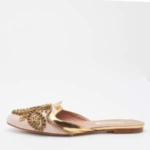 Oscar de la Renta Pink/Metallic Gold Fabric and Leather Embellished Flat Mules Size 37
