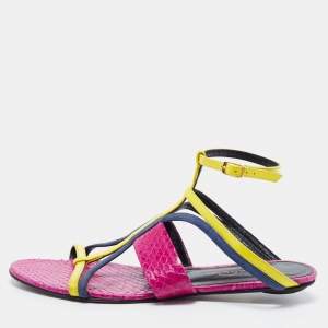 Pre Owned Oscar de la Renta Multicolor Patent Leather and Watersnake Strappy Flat Sandals Size 38