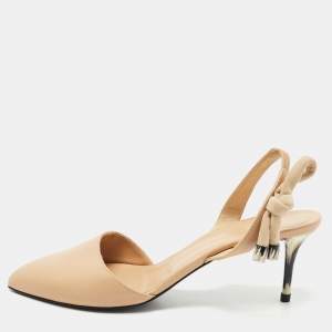 Pre Owned Oscar de la Renta Beige Leather Cora Knot Slingback Pumps Size 39.5