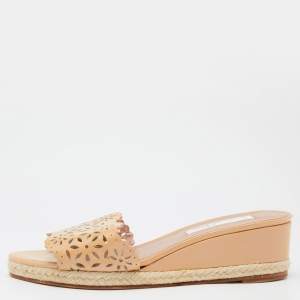 Pre Owned Oscar de la Renta Beige Patent Leather Laser Cut Detail Wedge Espadrille Slide Sandals Sizes 36