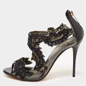 Pre Owned Oscar de la Renta Black Patent Leather, PVC and Lace Ambria Peep Toe Pumps Size 37