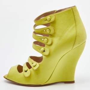 Oscar de la Renta Yellow Leather Caged Ankle Length Wedge Sandals Size 37.5