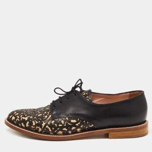 Pre Owned Oscar de la Renta Black Leather Lace Detail Lace Up Derby Size 40.5