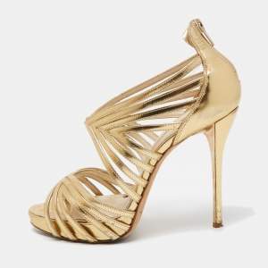 Oscar de la Renta Gold Leather Strappy Sandals Size 37.5