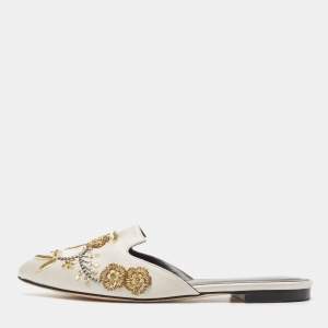 Pre Owned Oscar De La Renta Grey Embellished Satin Wanda Flat Mules Size 36