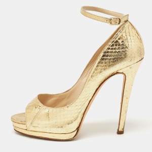 Oscar de la Renta Metallic Gold Python Embossed Peep Toe Ankle Strap Pumps Size 37.5