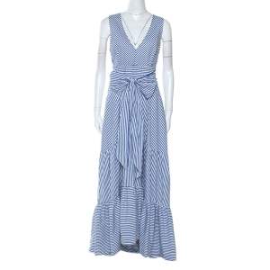 P.A.R.O.S.H Blue Striped Cotton Bow Sleeveless Ruffle Hem Dress L