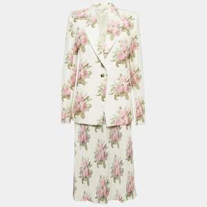 Paco Rabanne Cream Rose Print Cotton and Plisse Skirt Suit M/L