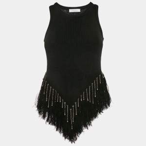 Paco Rabanne Black Linin Rib Knit Embellished Raw Edge Tank Top S