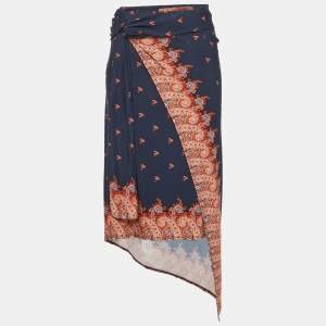 Paco Rabanne Navy Blue Floral Print Jersey Asymmetric Midi Skirt S