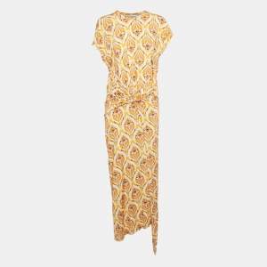 Pre Owned Paco Rabanne Orange Printed Jersey Draped Long Dress L