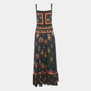 Pre Owned Paco Rabbane Black Printed Satin Flared Maxi Dress L