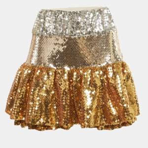 Pre Owned Paco Rabbane Gold Sequin Tiered Mini Skirt M