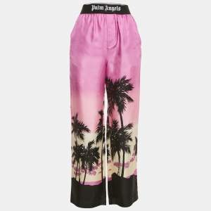 Palm Angels Pink Printed Satin Logo Waist Detail Trousers S