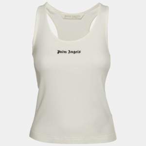 Palm Angels White Logo Print Rib Knit Tank Top XS