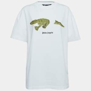 Palm Angels White Crocodile Logo Print Crew Neck T-Shirt L