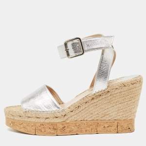 Paloma Barceló  Silver Leather Wedge Ankle Strap Sandals Size 41