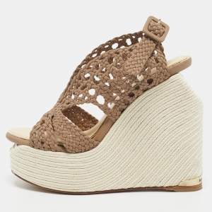 Pre Owned Paloma Barceló Brown Woven Leather Wedge Sandals Size 35
