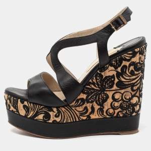 Paloma Barceló Black Leather Embroidered Cork Wedge Platform Sandals Size 37