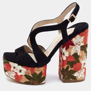 Paloma Barceló Black Suede Embroidered Platform Block Heel Sandals Size 40
