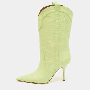 Paris Texas Lime Green Croc Embossed Leather Paloma Mid Calf Boots Size 38