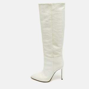 Pre Owned Paris Texas Size 38.5 White Croc Embossed Leather Knee Length Boots