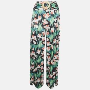 PATBO Black Floral Print Satin Belted Wide-Leg Pants S