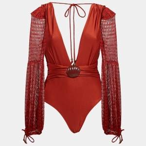 PATBO Brick Red Knit Netted Sleeve Detail Swimsuit L