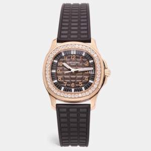 Pre Owned Patek Philippe 18K Rose Gold and Diamond Taupe Dial Aquanaut 5268/R-001 Women's Wristwatch 35 mm